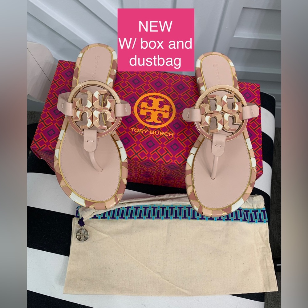 NEW Tory Burch Enamel Miller leather sandals Seashell pink size 8 shoe flip flop